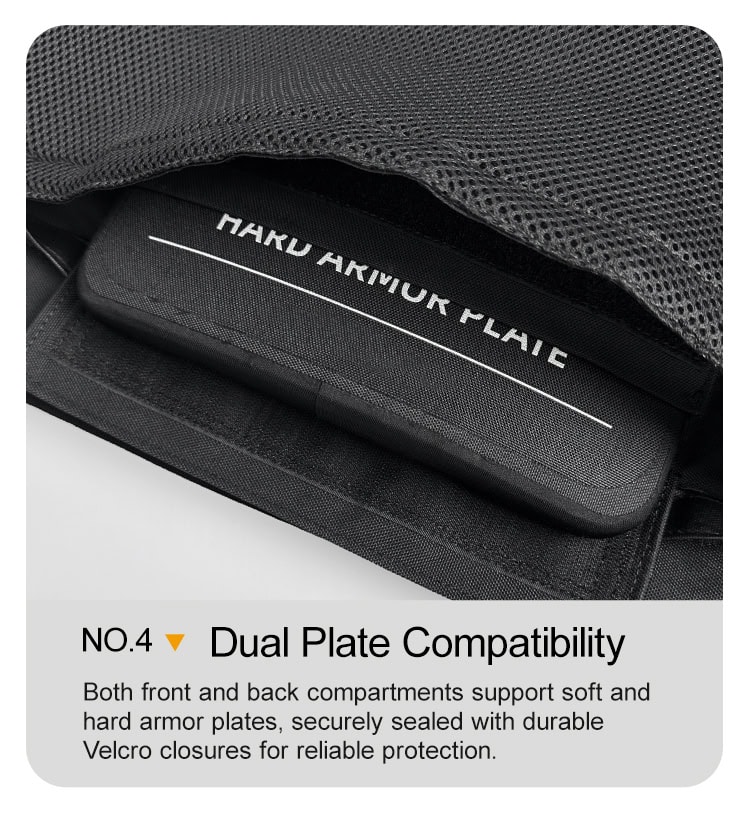 Detail showing the Guardian MOLLE plate carrier's internal pocket, compatible with both hard and soft armor plates for adaptable protection.