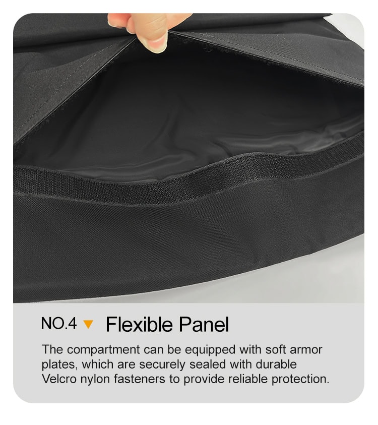 Detail of the interior compartment of the ballistic briefcase, showing the lightweight, flexible NIJ IIIA soft armor panel that provides protection.