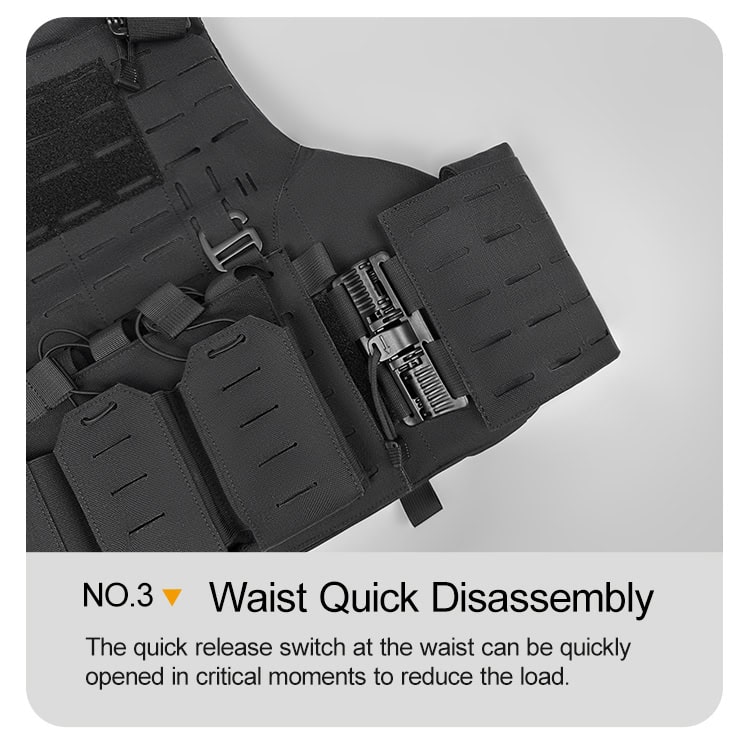 Close-up of the cummerbund quick-release buckle on the "Spartan" plate carrier, allowing for rapid, single-handed removal.