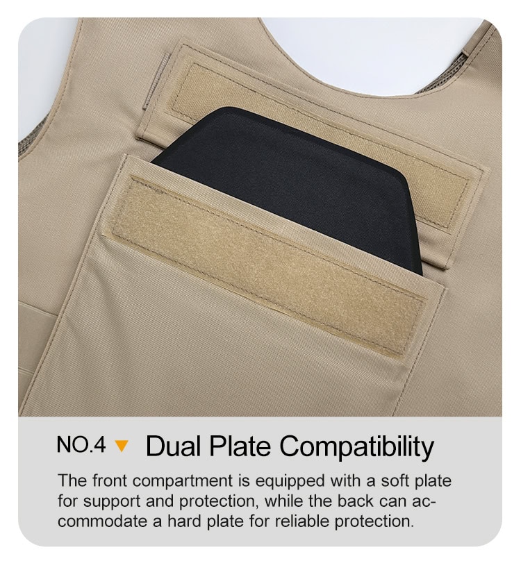 Detail showing the "Press" vest's internal pocket, compatible with both soft and hard armor plates for adaptable NIJ-rated protection.