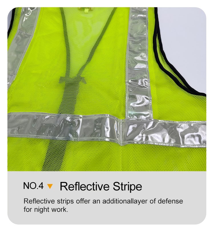 Detail of the high-intensity reflective stripe on the ANSI Class 2 safety vest, which meets EN20471 and ANSI 107 standards for nighttime visibility.
