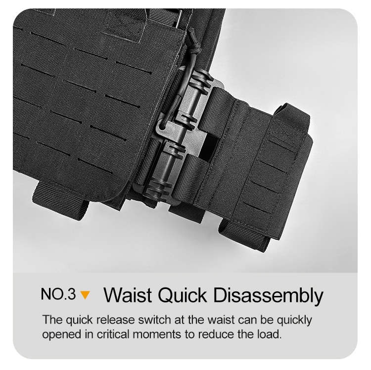Close-up of the cummerbund quick-release buckle on the Vanguard plate carrier, allowing for rapid removal in critical situations.