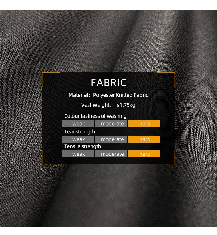 Infographic detailing the high-performance properties of the polyester knitted fabric used for the deep concealment body armor, showing hard tear and tensile strength.