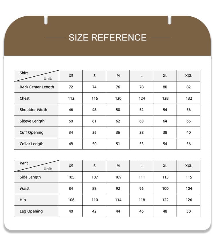 Size reference chart for the Desert Camo BDU uniform, with detailed measurements for jackets and pants to assist in bulk B2B procurement.