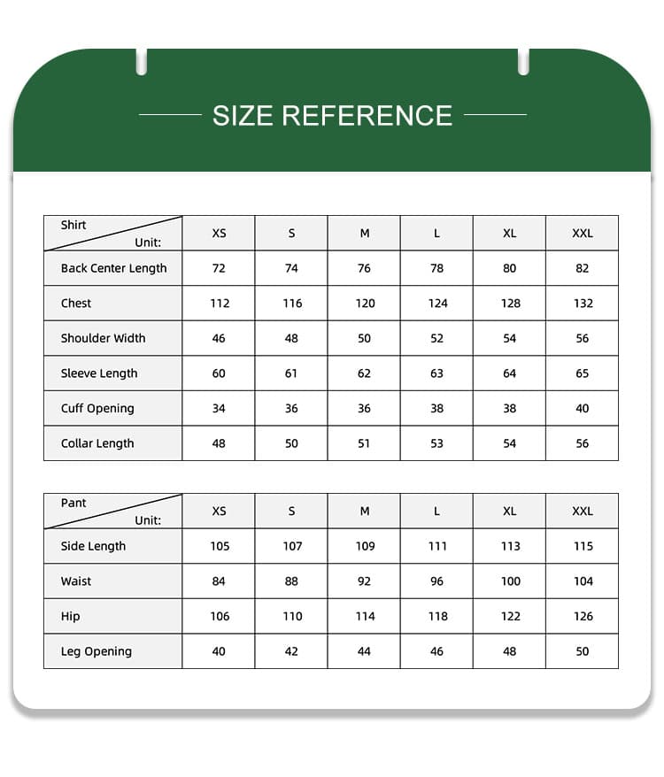 Size reference chart for the ACU combat uniform, with detailed measurements for jackets and pants to assist in bulk B2B procurement.
