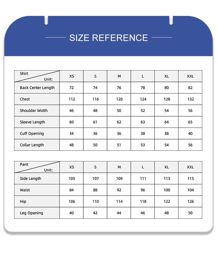 Size reference chart for the Naval Combat Uniform, with detailed measurements for jackets and pants to assist in bulk B2B procurement for naval forces.