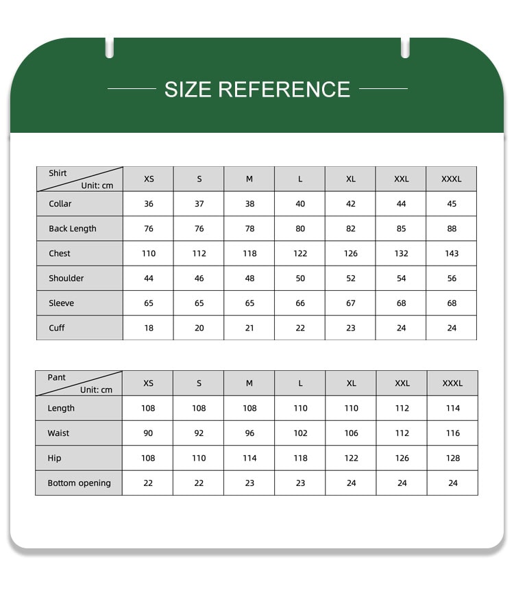 Size reference chart for the Woodland Camo BDU uniform, with detailed measurements for jackets and pants to assist in bulk B2B procurement.