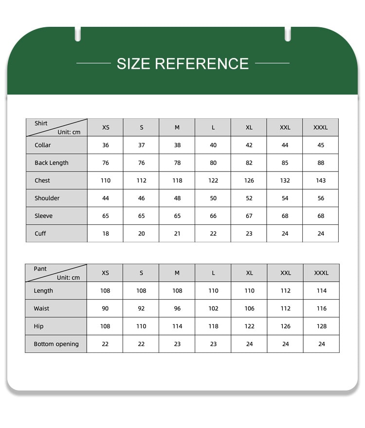 Size reference chart for the "Savanna" jungle camo BDU, with detailed measurements for jackets and pants to assist in bulk B2B procurement.