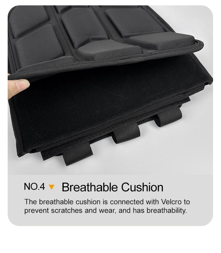 Detail showing the removable, breathable 3D mesh cushion pads on the interior of the Vanguard Quick Release Plate Carrier for enhanced comfort and airflow.
