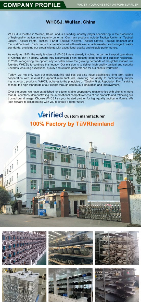 Company profile of WHCSJ, a TÜV Rheinland verified custom manufacturer of tactical uniforms in Wuhan, China, showing the factory exterior and production workshops.