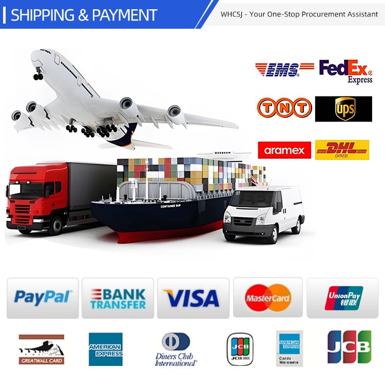 Infographic of WHCSJ's global shipping and B2B payment solutions, showing logos of logistics partners like FedEx & DHL, and payment methods including Bank Transfer, Visa, and PayPal.