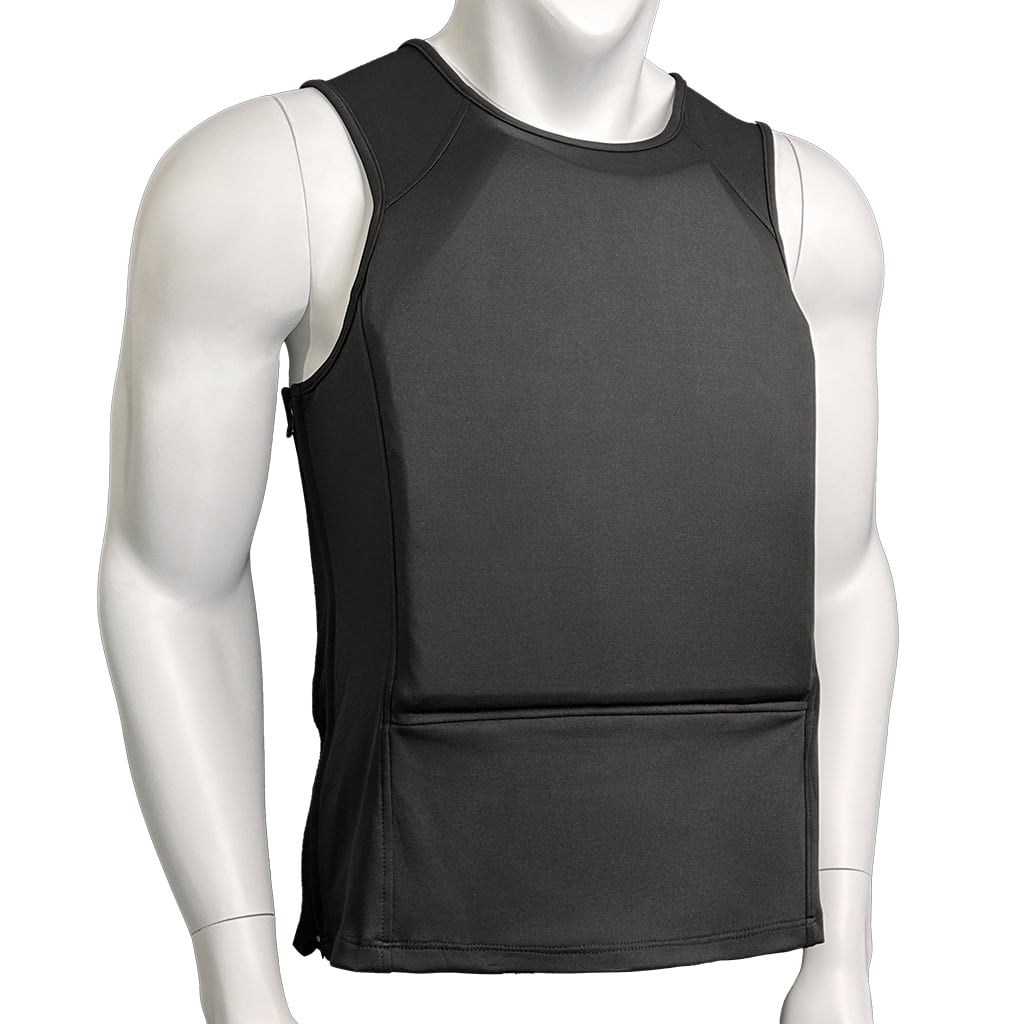 Side view of the WHCSJ Aegis Deep Concealment Body Armor T-Shirt in black, showing the discreet, form-fitting design for VIP protection.