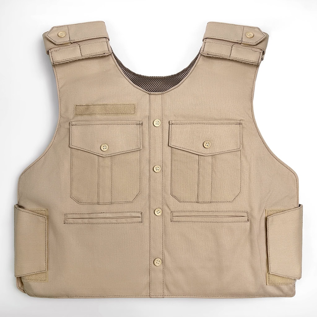 Front view of the WHCSJ "Press" Overt Body Armor Vest in khaki, a utility-style carrier with NIJ IIIA protection for media and NGOs.