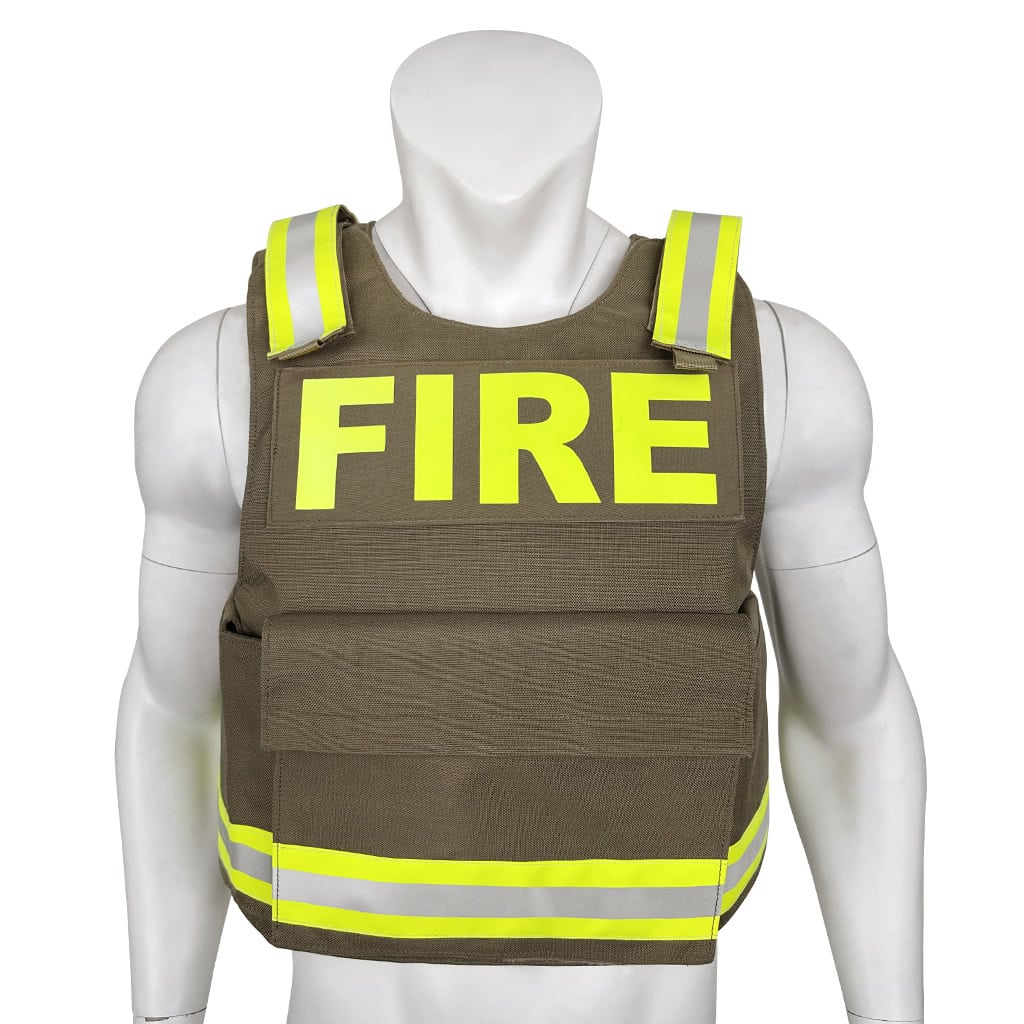 Front view of the WHCSJ First Responder Body Armor, a high-visibility ballistic vest with "FIRE" ID panel for firefighter and EMS B2B contracts.