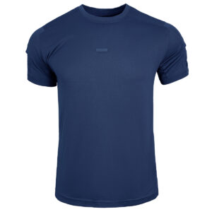Front view of the WHCSJ CMAX Moisture-Wicking Tactical T-Shirt in navy blue, an ultralight base layer for law enforcement B2B contracts.