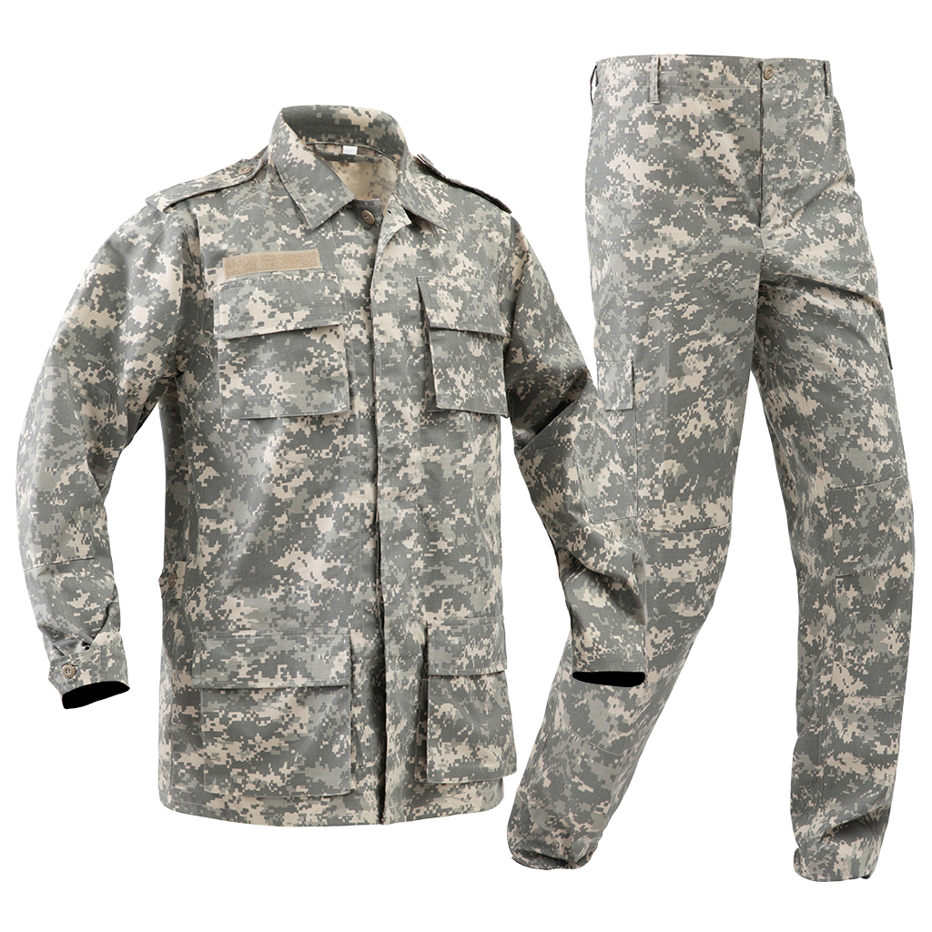 Front view of the custom digital camo ACU combat uniform set, including jacket and trousers.