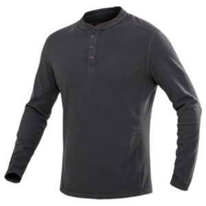 Front view of the Warhorse Performance Tactical Henley in grey, a long-sleeve shirt with high-stretch fabric for B2B uniform contracts.