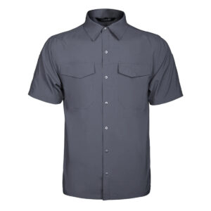 Front view of the WHCSJ "Sharp Edge" Breathable Tactical Shirt in grey, a professional short-sleeve shirt for corporate security and LE B2B contracts.