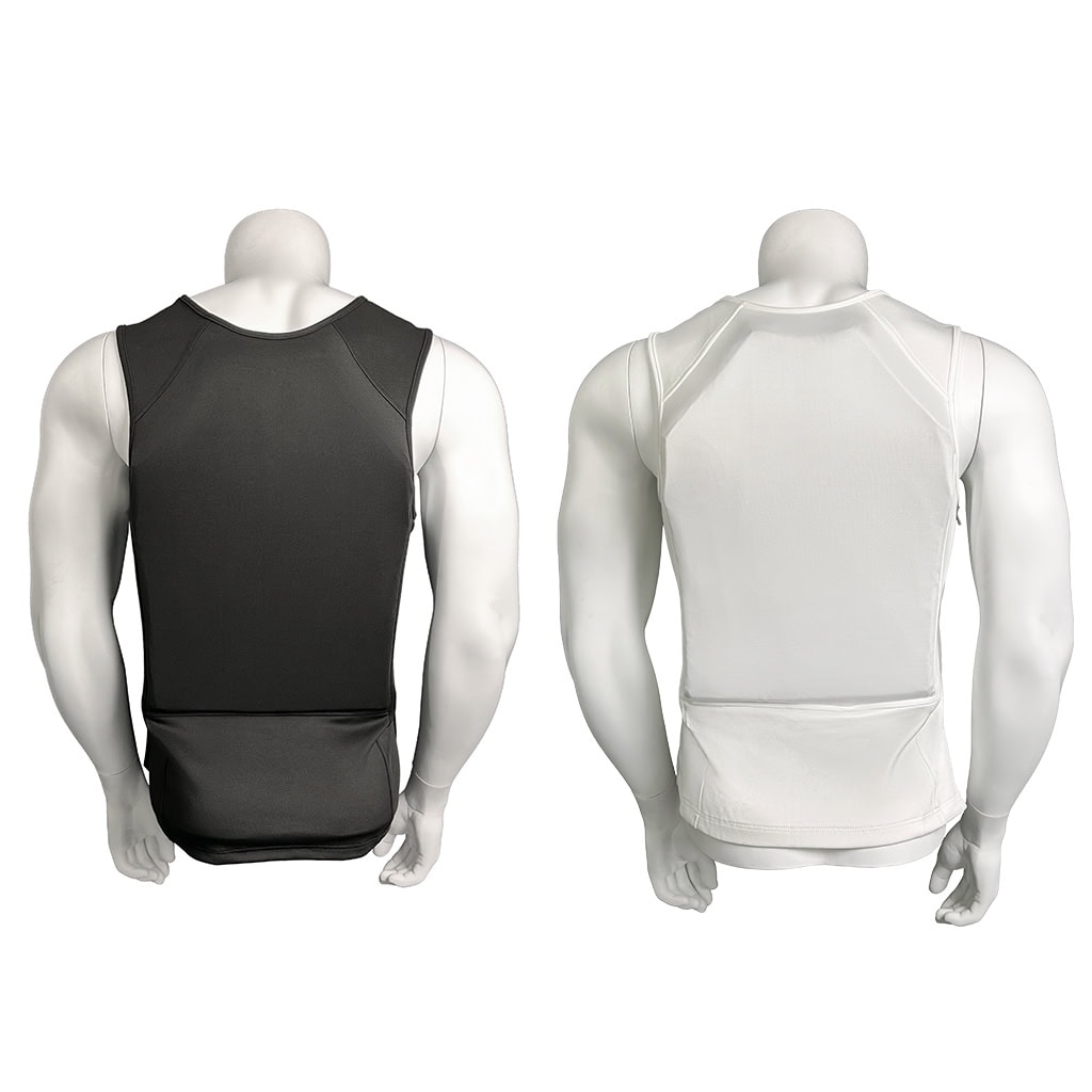 All-around view of the Aegis deep concealment body armor, showing front and back profiles in both black and white.