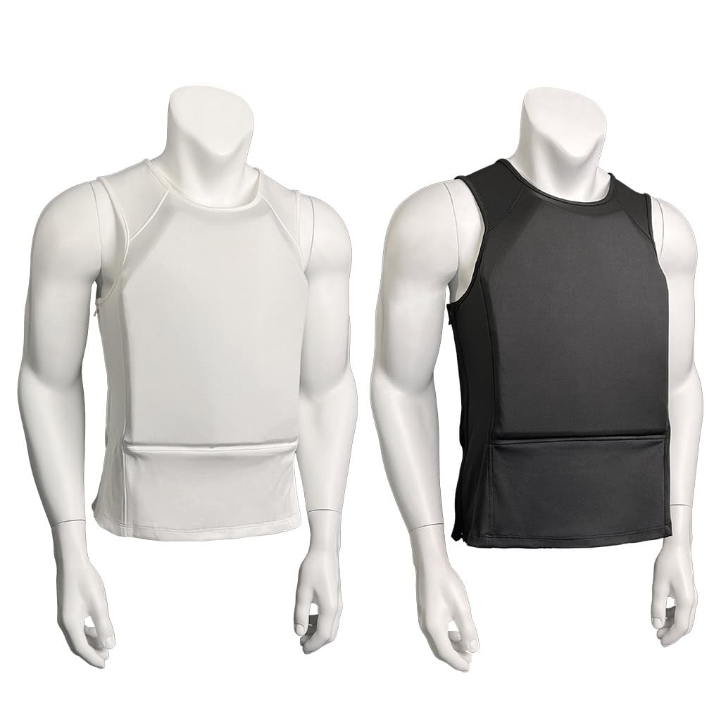 Comparison of the Aegis deep concealment body armor in both black and white color options, available for B2B bulk orders from WHCSJ.