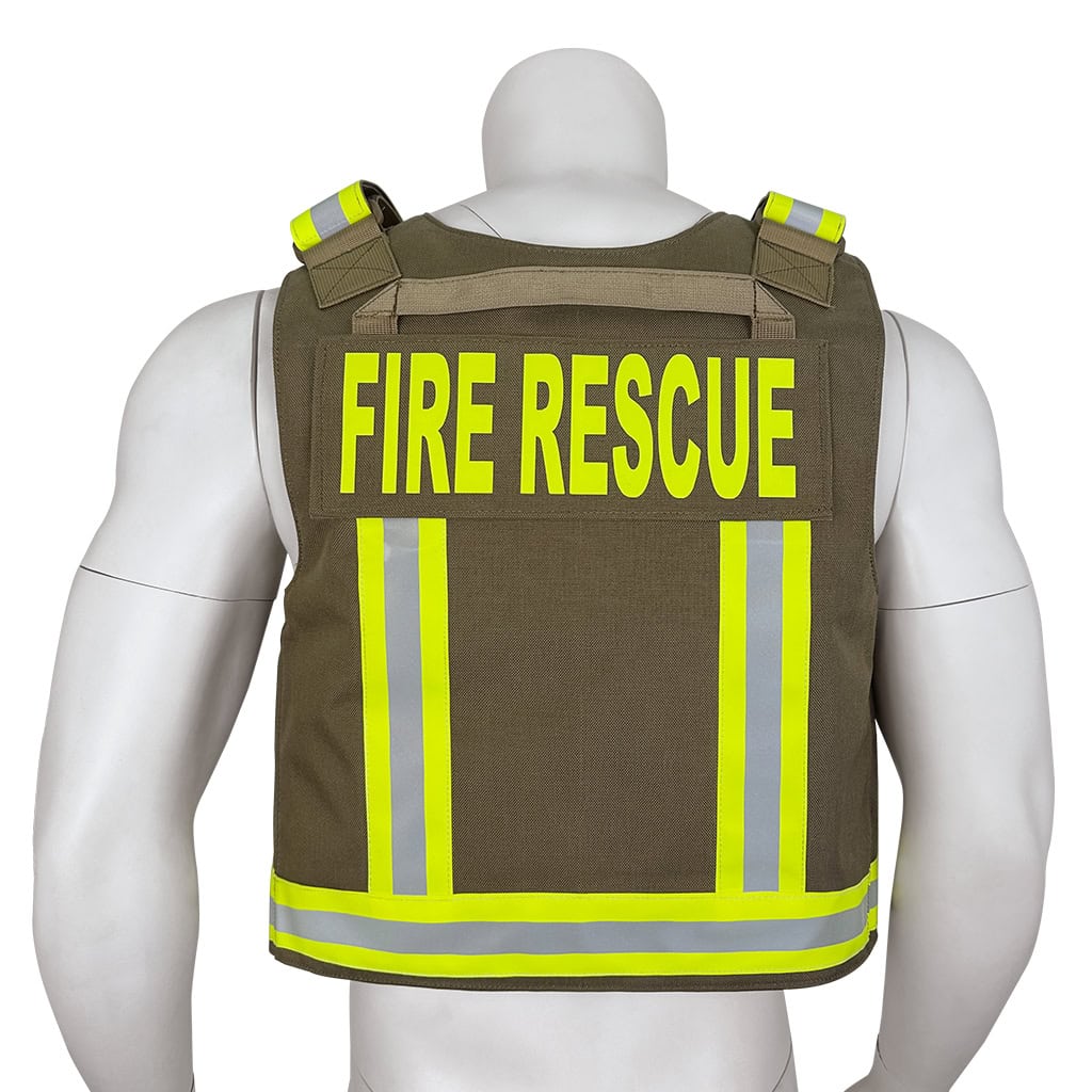 Rear view of the First Responder Body Armor, showing the "FIRE RESCUE" ID panel, reflective stripes, and reinforced drag handle.