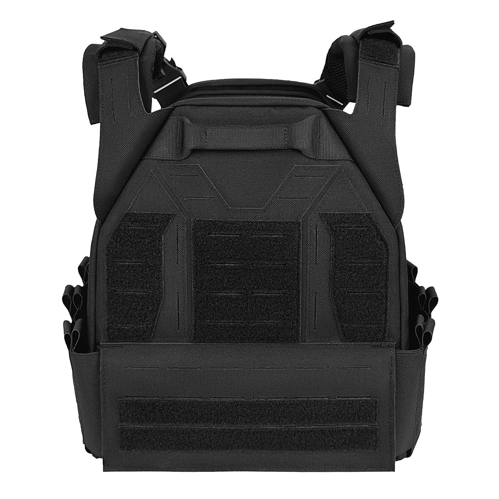 Rear view of the Vanguard Quick Release Plate Carrier, showing the rescue drag handle, velcro panels, and padded shoulder straps.
