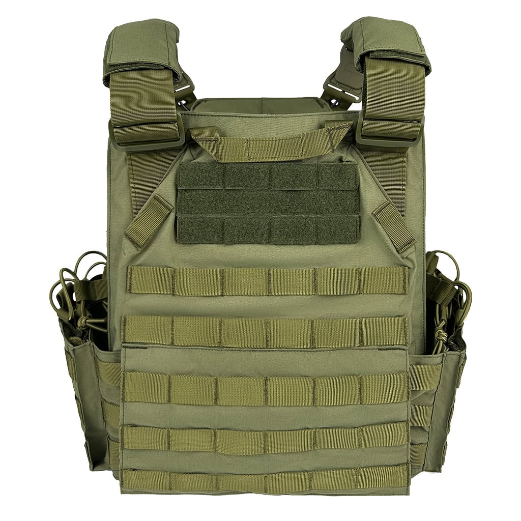 Rear view of the 501 Quick Release Plate Carrier, showing the rescue drag handle, MOLLE webbing, and padded shoulder straps.