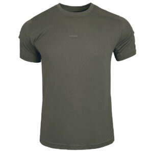 The WHCSJ CMAX Moisture-Wicking Tactical T-Shirt in olive green, a breathable performance shirt for military and security uniform tenders.