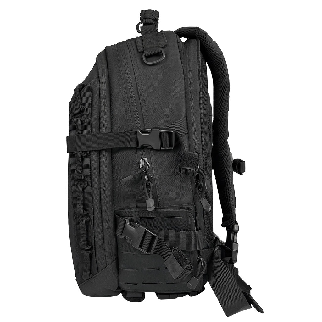 Side profile of the Pathfinder Laser-Cut Tactical Backpack, showing the multi-compartment design and side compression straps.