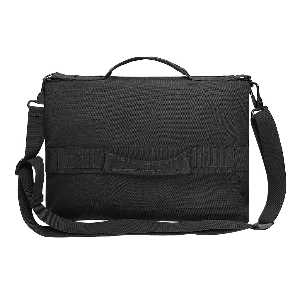 Rear view of the "Urban Defender" Covert Ballistic Briefcase, showing the removable crossbody strap and handheld shield handle.