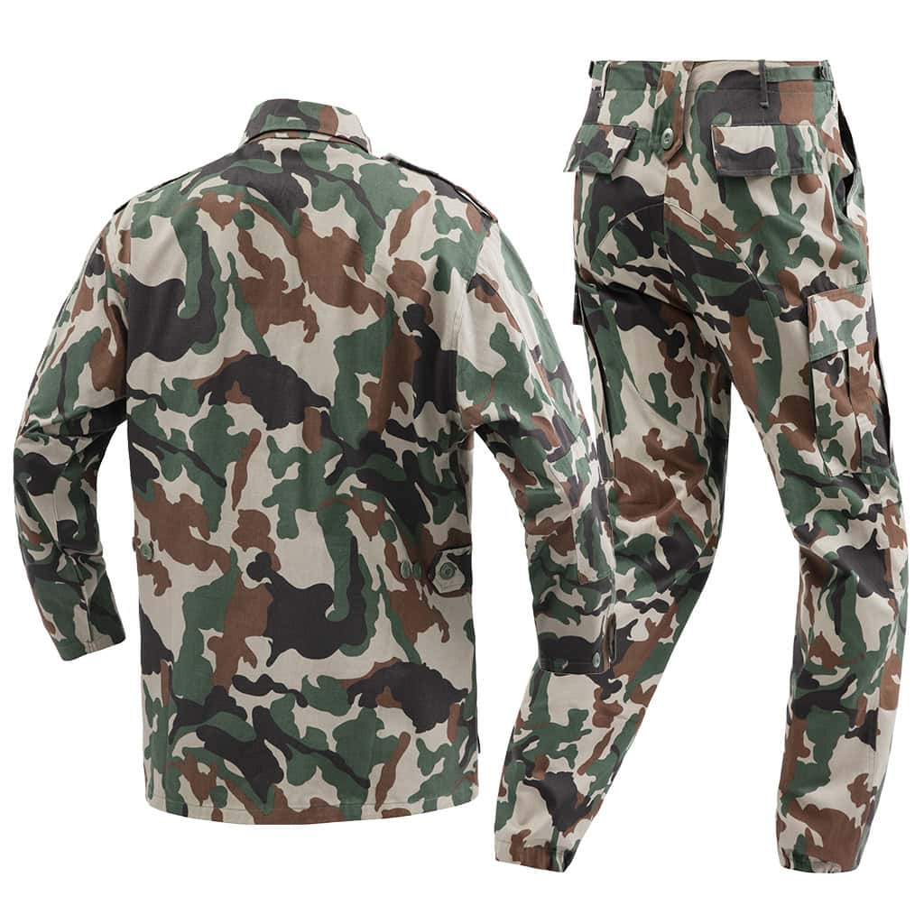 Rear view of the Woodland Camo BDU, showing the classic construction and reinforced seat of the trousers.