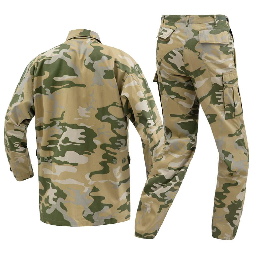 Rear view of the "Savanna" Jungle Camo BDU, showing the classic construction and reinforced seat of the trousers.