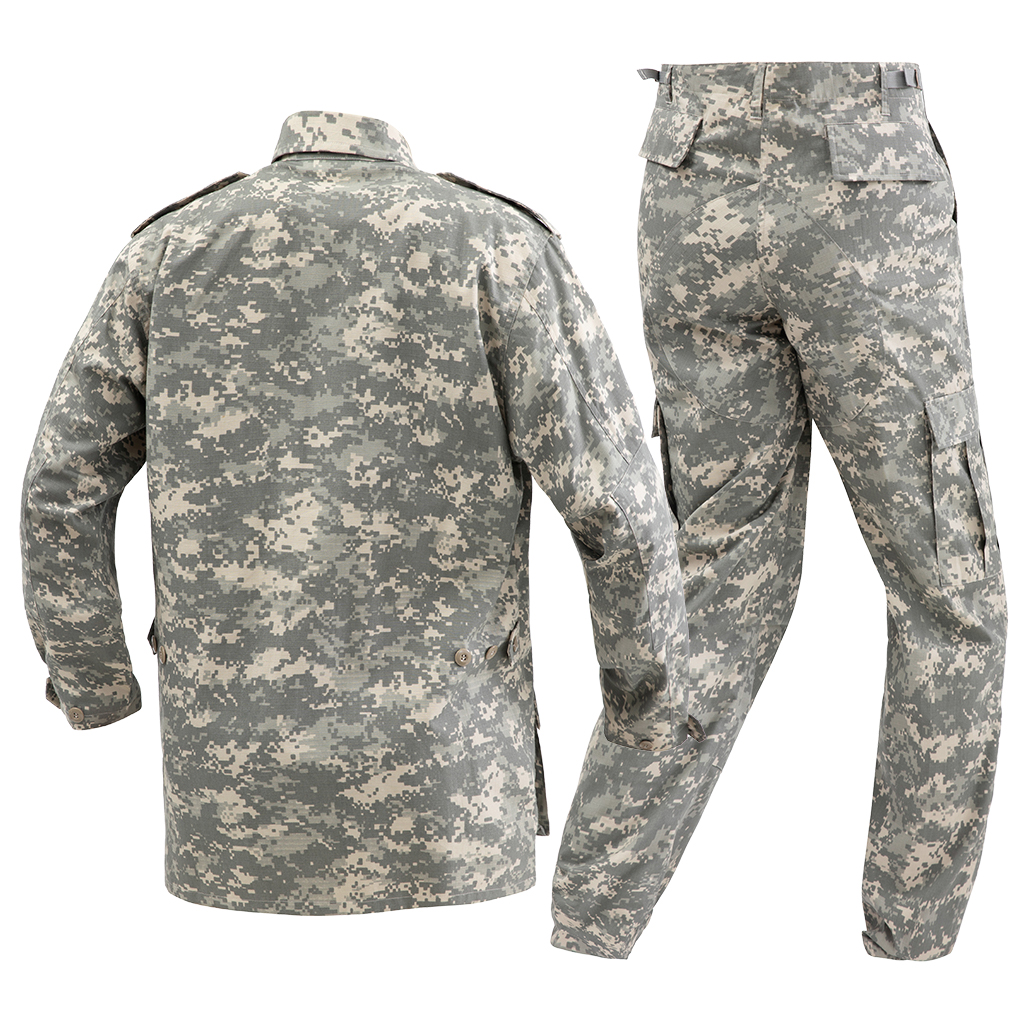 Angled side view of the custom digital camo ACU combat uniform, showing the profile of the shirt and pants.