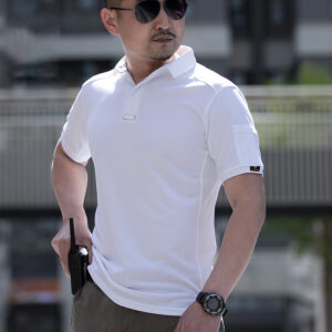 Plainclothes officer wearing the white CMAX moisture-wicking tactical polo, showcasing its suitability for covert or plainclothes duty.
