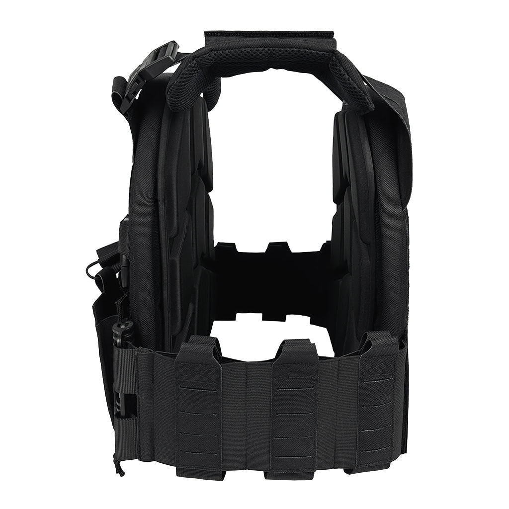 Side profile of the Vanguard Quick Release Plate Carrier, highlighting the quick-release cummerbund and laser-cut MOLLE side panel.