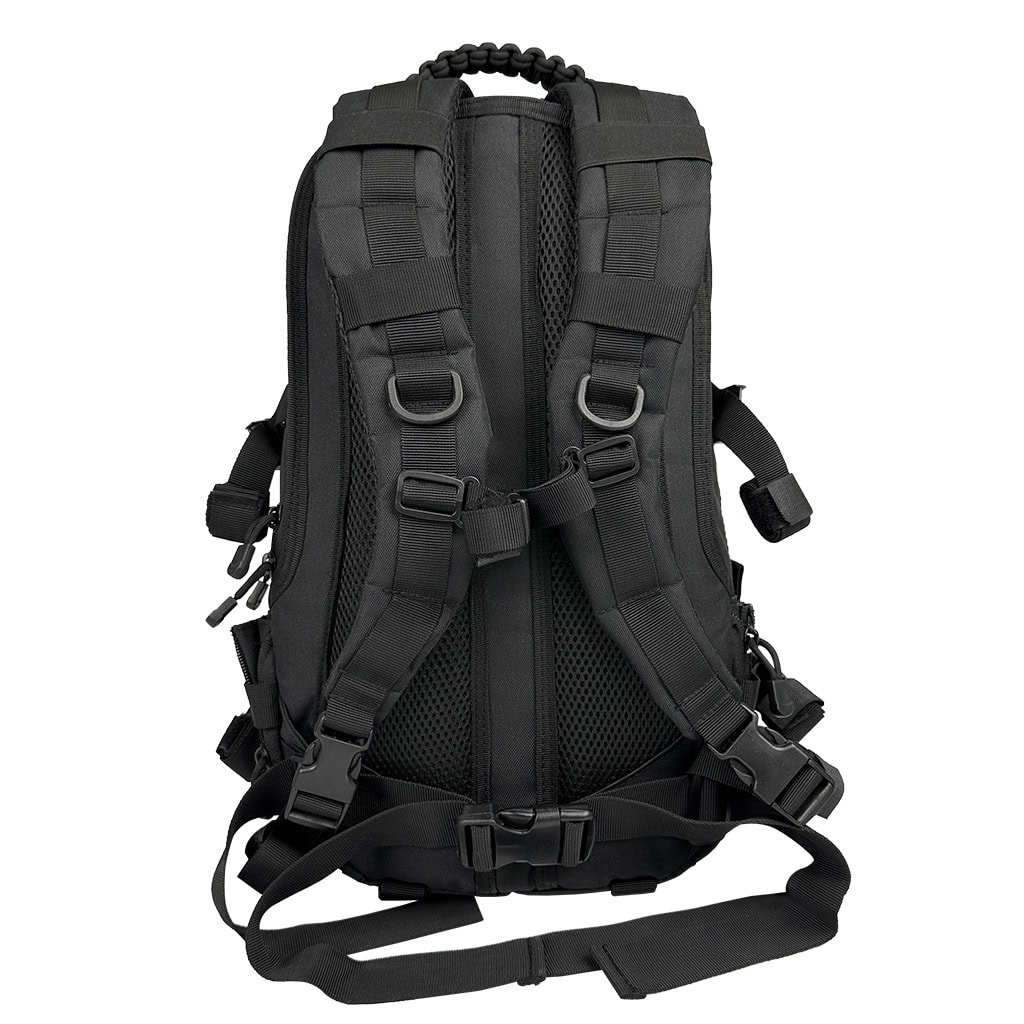 Rear view of the Pathfinder Laser-Cut Tactical Backpack, highlighting the breathable mesh padding, adjustable shoulder straps, and waist belt.