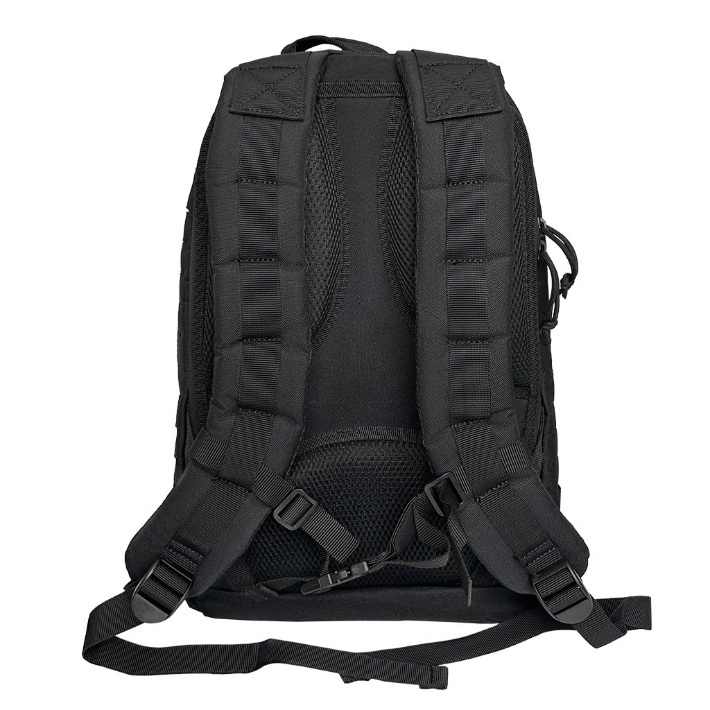 Rear view of the "Ghost" Covert Tactical Backpack, highlighting the ergonomic S-shaped shoulder straps and breathable back cushion.
