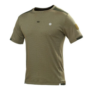 Front view of the WHCSJ Special Training Advanced Moisture Wicking T-Shirt in olive green, featuring unidirectional wicking technology for military B2B tenders.