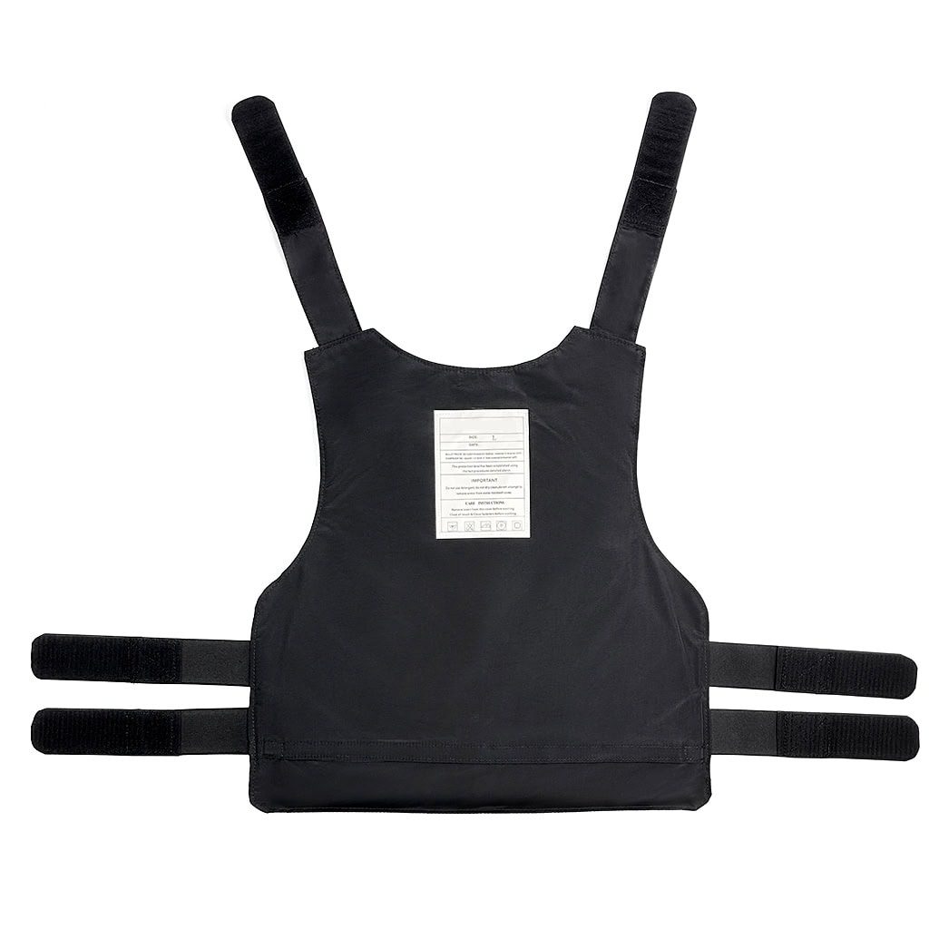 Interior view of the concealable body armor, showing the product label and construction of the soft armor carrier.