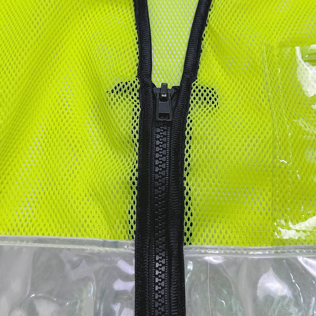 Close-up of the heavy-duty front zipper on the ANSI Class 2 safety vest, designed for reliability and ease of use on the job site.