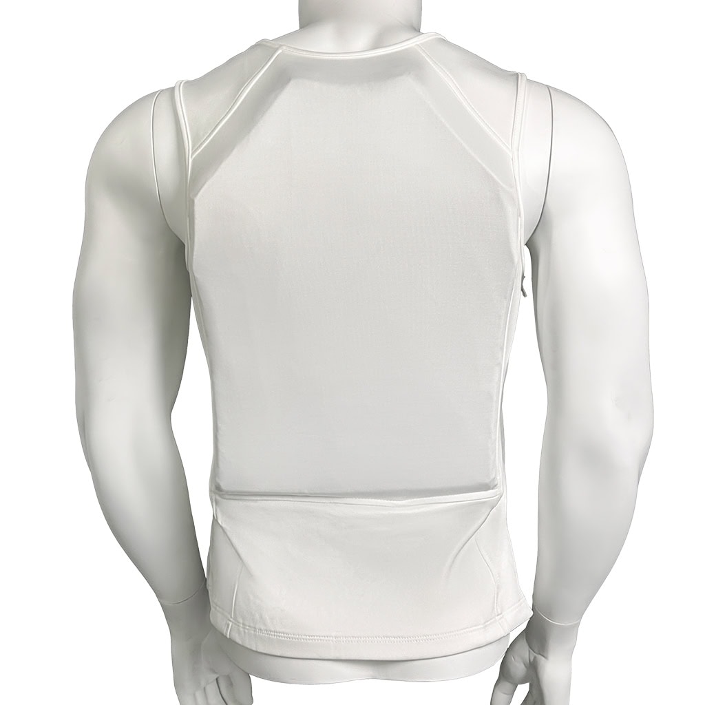 Rear view of the white Aegis deep concealment body armor, showing how it mimics a standard undershirt for ultimate discretion.