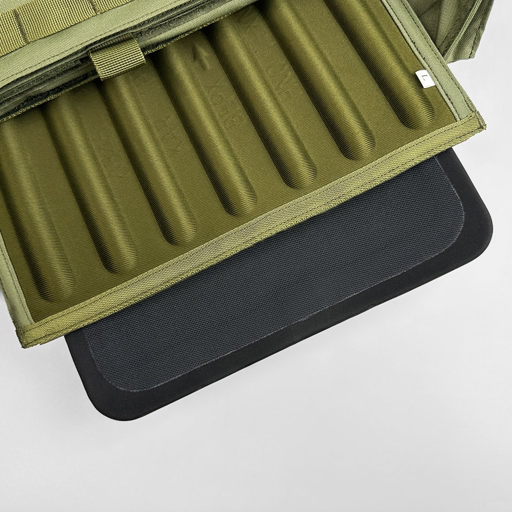 Detail showing the internal pocket of the 501 Quick Release Plate Carrier, designed to securely hold hard armor protective plates.