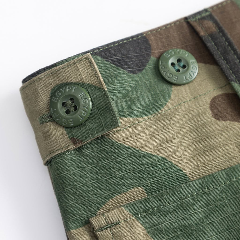 Close-up of the durable waistband and button fly on the "Nile" Jungle Camo BDU trousers.