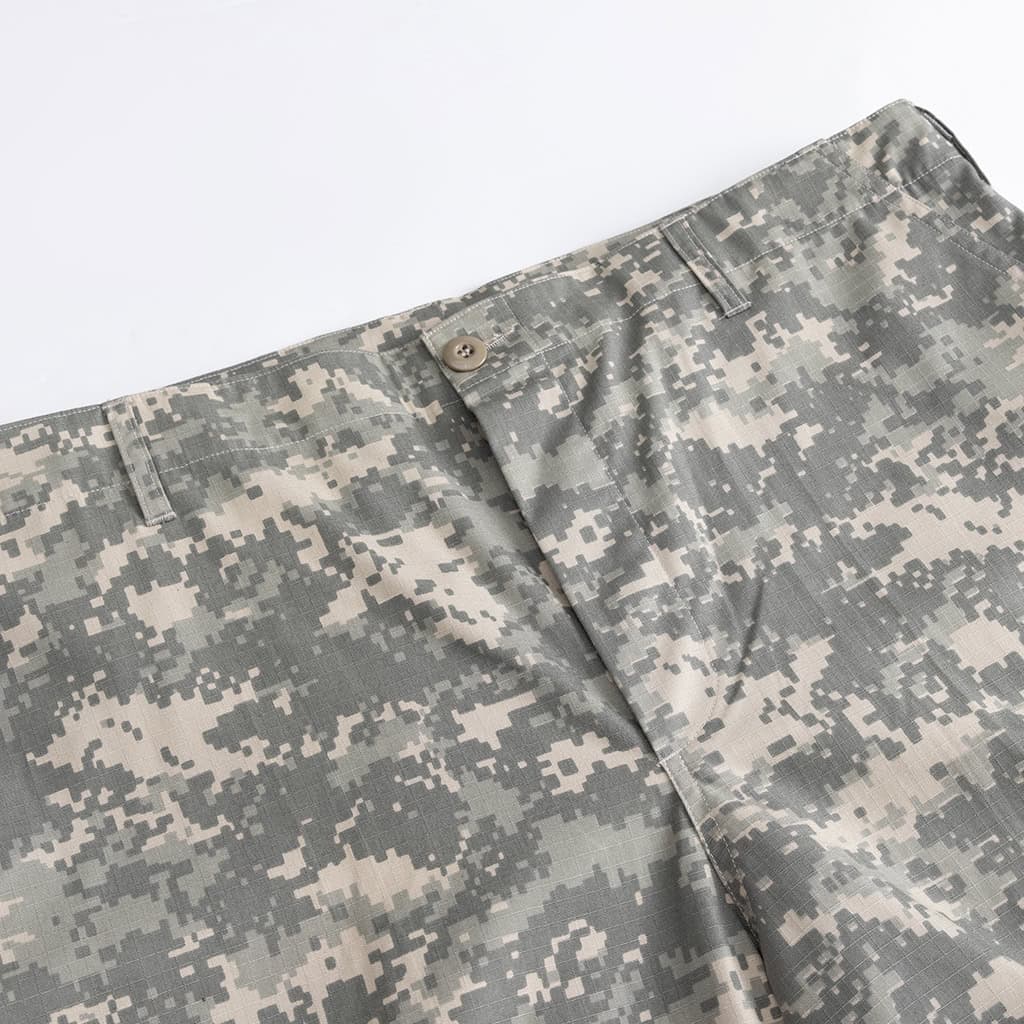 Close-up of the buttoned waistband on the custom digital camo ACU combat uniform trousers.