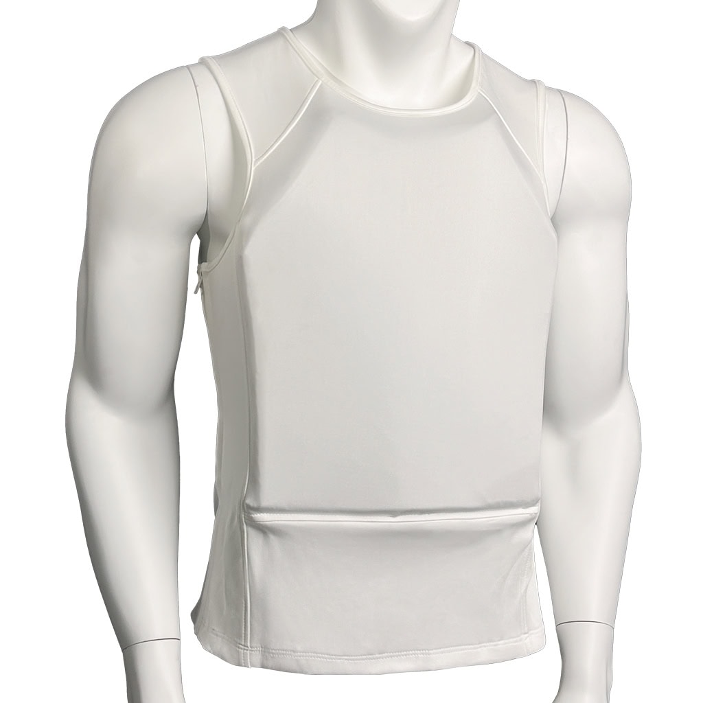 Side view of the Aegis Deep Concealment Body Armor T-Shirt in white, an undetectable ballistic undershirt for plainclothes law enforcement.