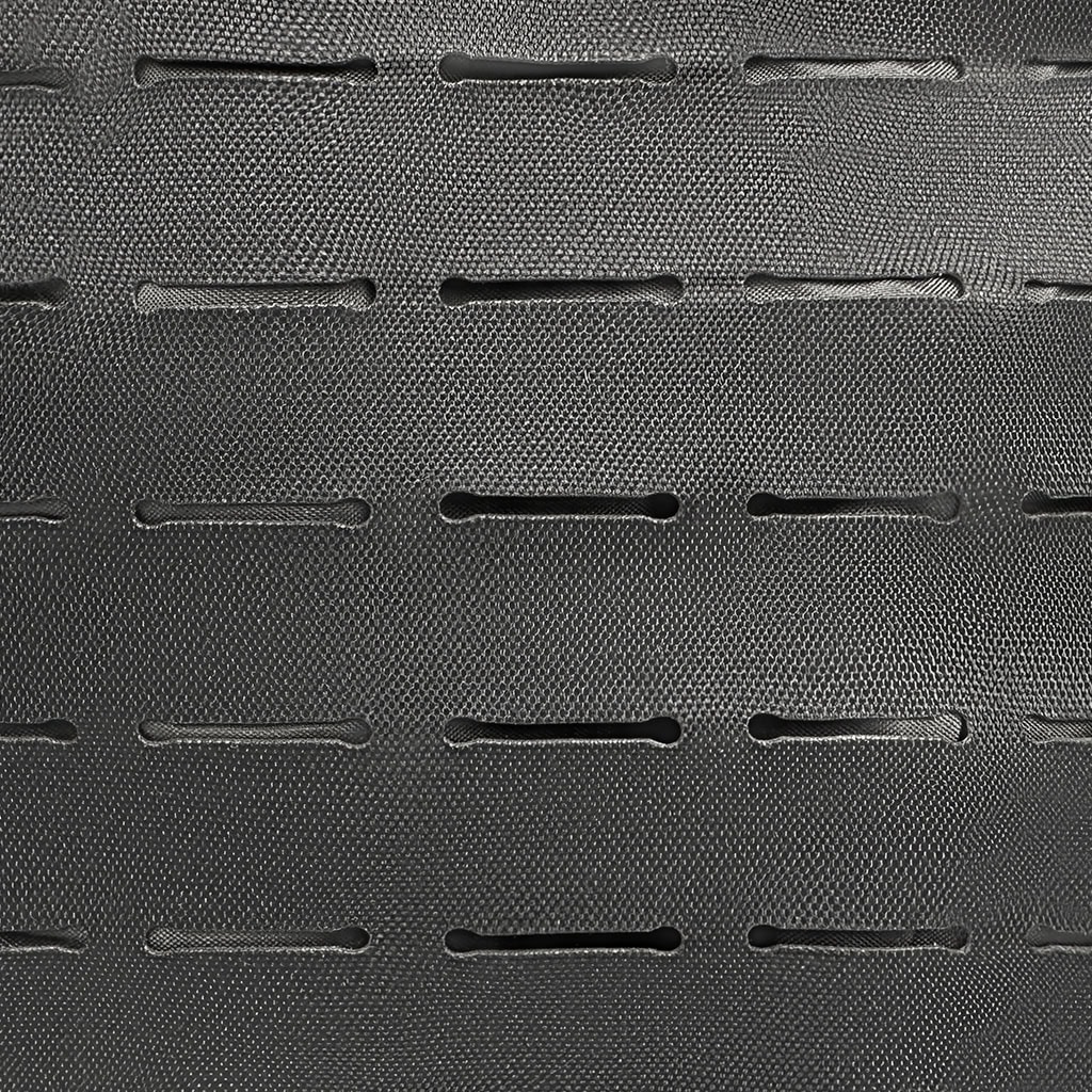 Close-up of the modern, laser-cut MOLLE system on the Pathfinder tactical backpack, providing a lightweight, snag-free platform for pouches.