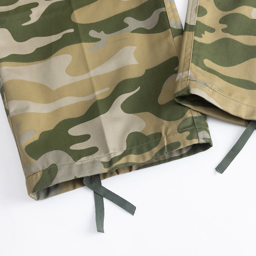 Close-up of the drawstring leg opening on the "Savanna" jungle camo BDU trousers for blousing over boots.