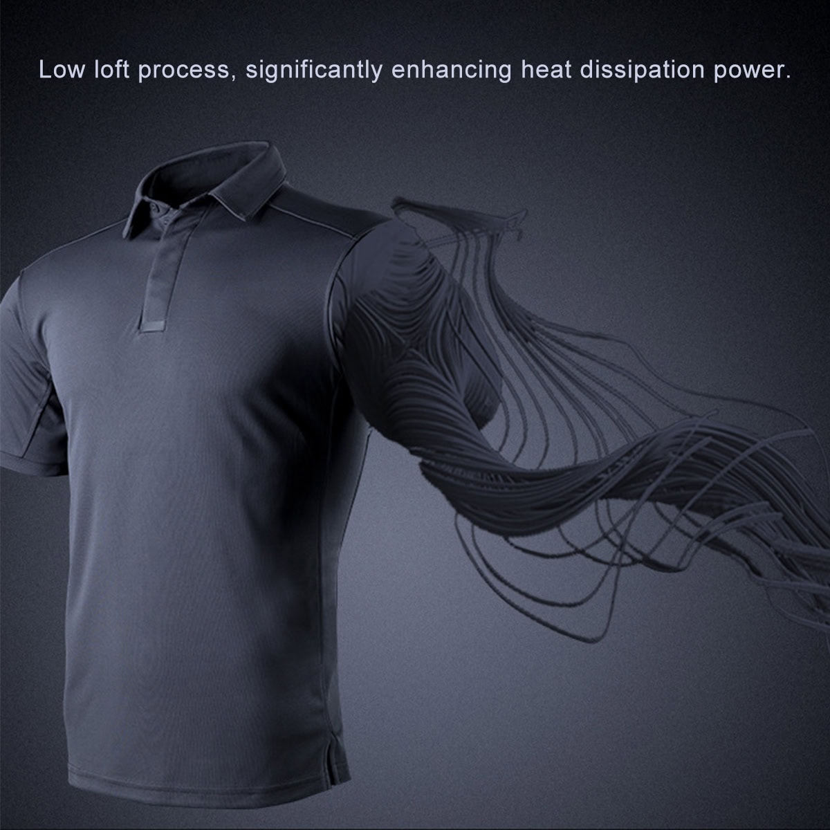 An artistic rendering showing the moisture-wicking and heat dissipation properties of the CMAX tactical polo's performance fabric.