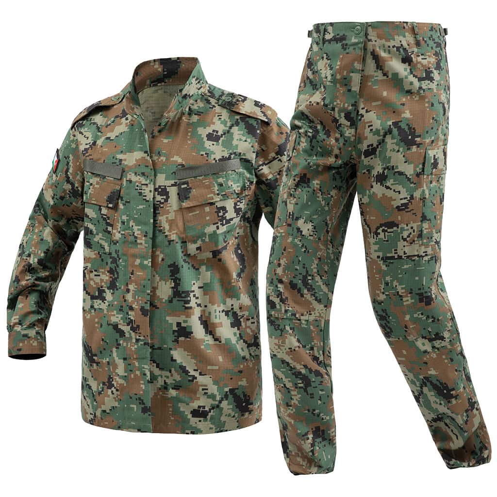The WHCSJ ACU Combat Uniform in digital woodland camouflage, a durable rip-stop suit for military and government B2B contracts.