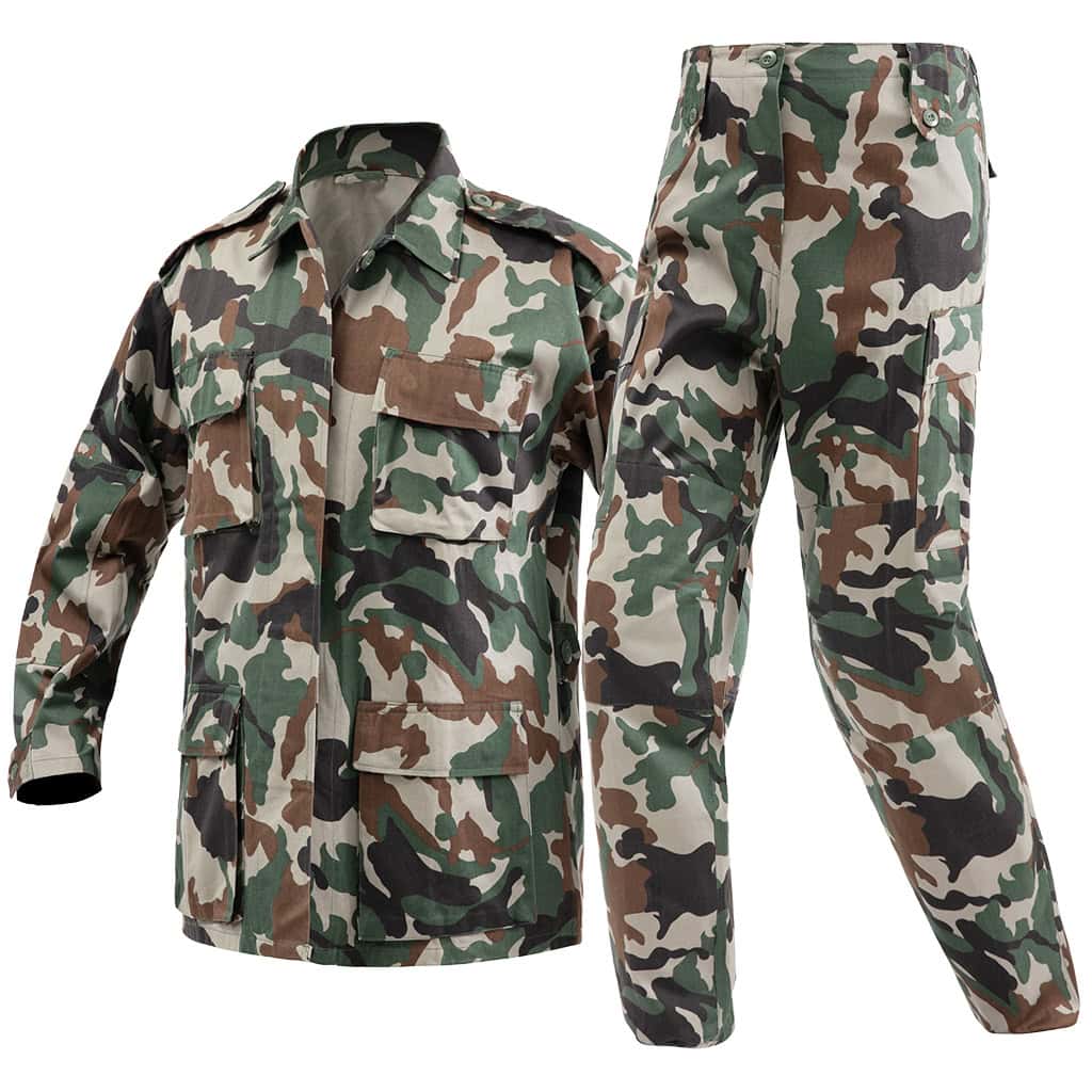 The WHCSJ Woodland Camo BDU, a classic M81 rip-stop combat uniform for military and security forces B2B contracts.